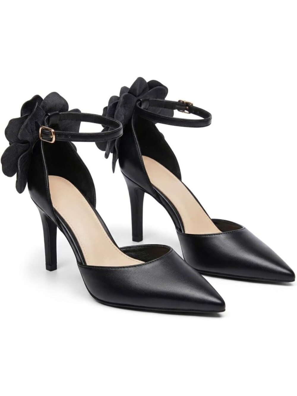 Women's Black Closed Pointed Toe Heels Flower Ankle Strap Pumps Party Shoes